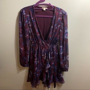 Purple satin king sleeve floral wrap style dress